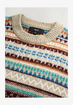 Stickad tröja med beige ribbade krage och flerfärgade geometriska mönster i blå, brun, orange och tealfärgade ränder.