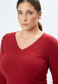 Roter V-Ausschnitt-Pullover aus weichem Strickstoff, taillierte Passform mit langen Ärmeln. Verfügt über einen gerippten Halsausschnitt und eine glatte Textur.
