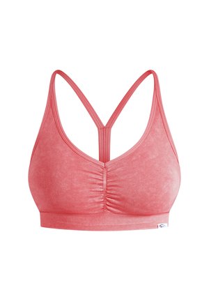 Top sportivo corallo in tessuto testurizzato, con design a V e spalline incrociate. Presenta una parte anteriore arricciata e un elastico sul fondo.