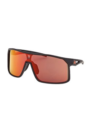Sportsonnenschutzbrille mit schwarzem Rahmen, großen, umschließenden orangefarbenen verspiegelt Gläsern und einem kleinen orangen Logo am Bügel.