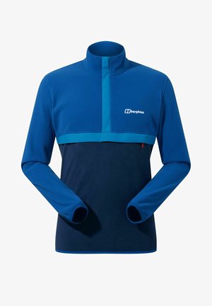 Blauer Fleece-Pullover mit hohem Kragen, der einen einfarbigen navyfarbenen unteren Abschnitt und türkisfarbene Akzente auf der Brust und an den Bündchen aufweist.