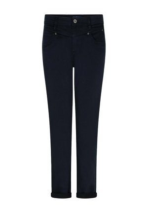 Zwarte slim-fit broek met omgeslagen boorden, knoop aan de voorkant en zakken op een witte achtergrond.