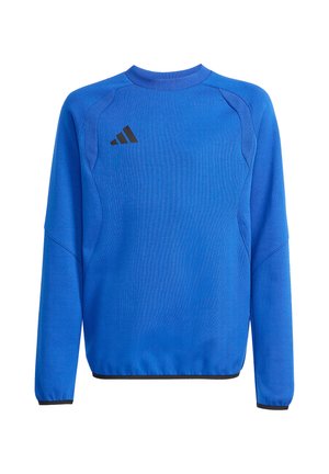 Niebieska sportowa bluza z długim rękawem, czarne logo Adidas na piersi oraz czarne obszycia na mankietach i u dołu.