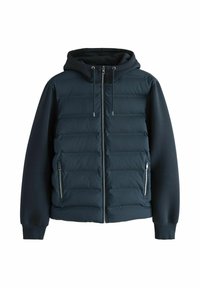 Veste en duvet marine avec capuche, dotée d'un devant matelassé, de manches lisses, de poches latérales zippées et de cordons de serrage ajustables.