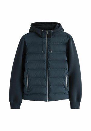 Chaqueta de plumas azul marino con capucha, con un delantero acolchado, mangas lisas, bolsillos laterales con cremallera y cordones ajustables.