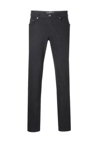 Jeans ajustados negros de denim, con cierre de botón en la parte frontal, cinco bolsillos y un detalle de costura mínima. Textura suave con un ajuste clásico.