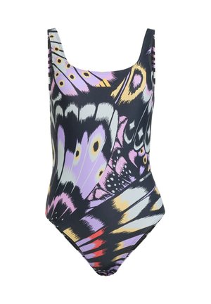 Eén-delig badpak in het zwart met een vlinderprint in pastelkleuren zoals paars, roze en geel; zachte stof met brede banden.