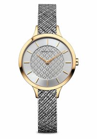 Round silver watch with a gold bezel, mesh silver strap, and a textured silver dial. Features gold hour markers and hands.