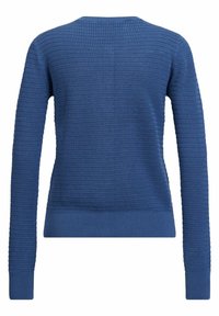 Pull en tricot bleu à manches longues avec un motif gaufré texturé et des bords côtelés, vu de dos.