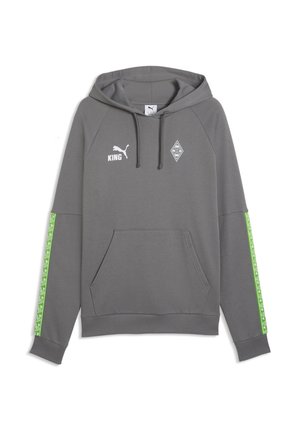 Γκρι φούτερ με κουκούλα, μπροστινή τσέπη-τσάντα, πράσινες ριγέ διακοσμήσεις στα μανίκια, λογότυπο Puma και έμβλημα της Borussia Mönchengladbach στο στήθος.