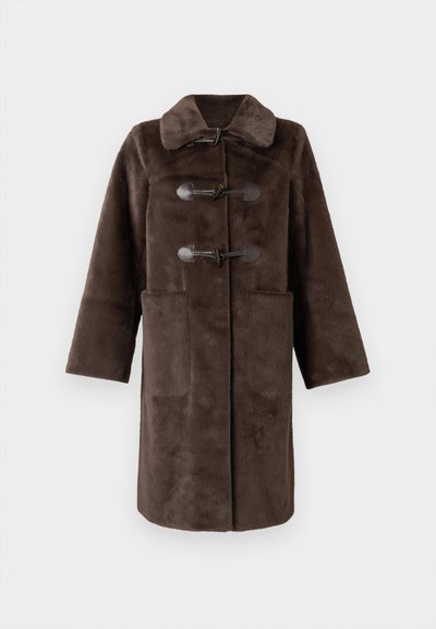 Brown faux fur coat with a collar, toggle closures, and two front pockets. It features a straight cut and a soft, textured surface.