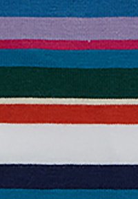 Tessuto orizzontale caratterizzato da strisce alternate in blu, viola, rosa, verde, rosso, bianco e blu navy. Superficie testurizzata con una finitura liscia.