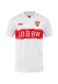 Maglia sportiva bianca con un design testurizzato, caratterizzata da una striscia orizzontale rossa etichettata "LB BW". Accentata con un logo e un collo rotondo.