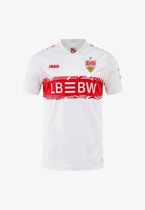 Maglia sportiva bianca con un design testurizzato, caratterizzata da una striscia orizzontale rossa etichettata "LB BW". Accentata con un logo e un collo rotondo.