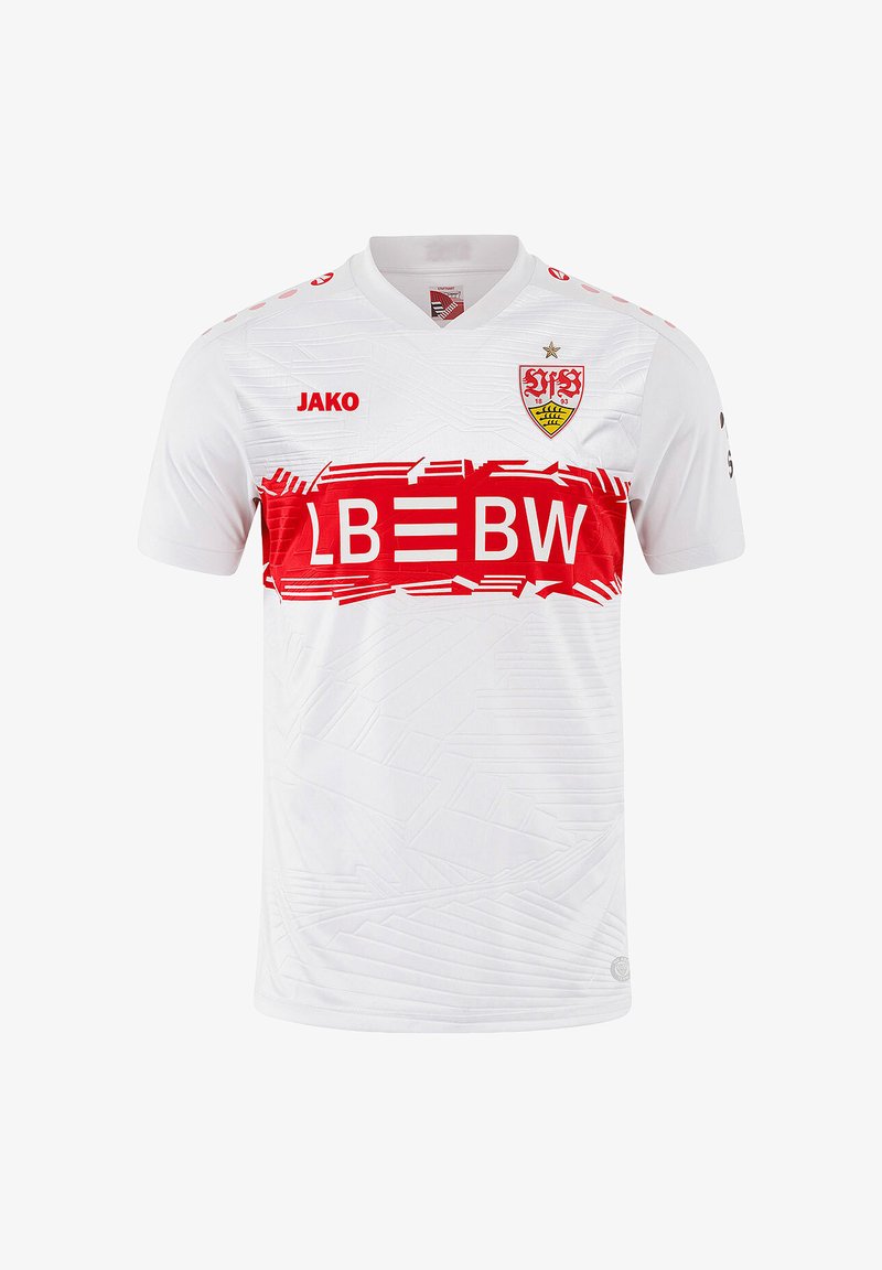 Maglia sportiva bianca con un design testurizzato, caratterizzata da una striscia orizzontale rossa etichettata "LB BW". Accentata con un logo e un collo rotondo.