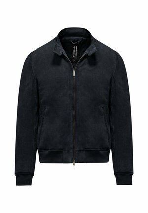 Czarna zamszowa kurtka bomberka z zapięciem na zamek, stójką, ściągaczami przy rękawach i u dołu, z bocznymi kieszeniami i gładką fakturą.