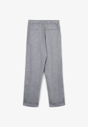 Pantaloni di lino grigi con vestibilità ampia, vita elasticizzata, due tasche posteriori e orli risvoltati. Tessuto liscio con un leggero motivo mélange.