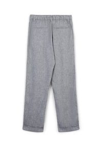 Pantaloni di lino grigio chiaro con vita elasticizzata, passanti per cintura, due tasche posteriori a filetto e orli piegati, mostrati dal retro.