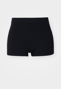 Schwarze gerippte Stoffshorts mit hohem Bund und kurzem Schnitt, die am Saum eine kleine Öffnung besitzen. Glatte Textur, ohne sichtbare Muster.