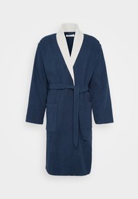 Laav navy terrycloth roobilla yk pehmeä kreemivärviine kaulus, pitkät hihat, kaksi etutaskua ja yhteensopiva vyö. Sileä pinta, polvipituinen malli.