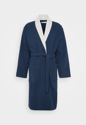 Laav navy terrycloth roobilla yk pehmeä kreemivärviine kaulus, pitkät hihat, kaksi etutaskua ja yhteensopiva vyö. Sileä pinta, polvipituinen malli.