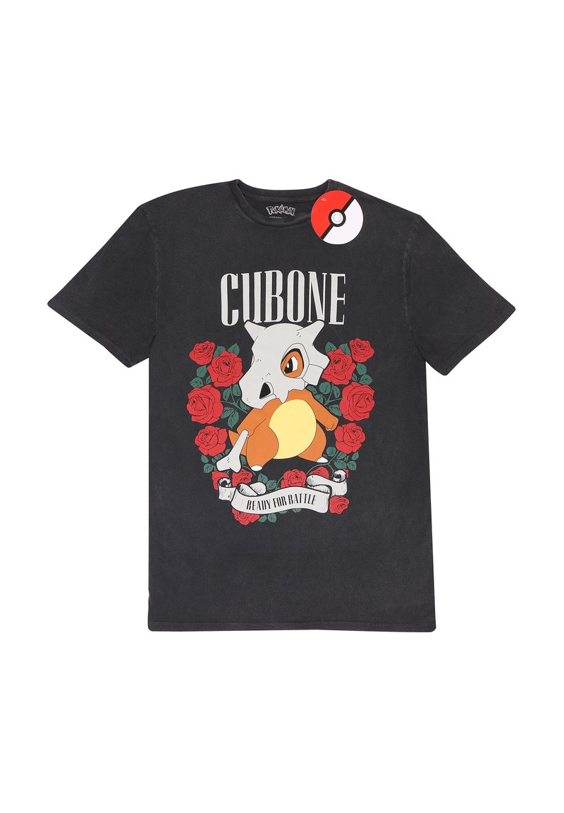 Zwarte katoenen T-shirt met een grafisch ontwerp van Cubone omringd door rode rozen, met de tekst "KLAAR VOOR DE STRIJD" op een witte strik.