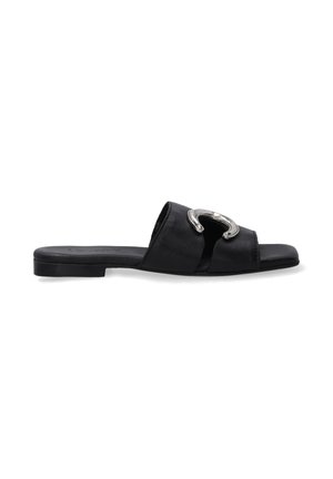Black leather slide sandal featuring a wide strap and a silver metallic accent on the front. Flat sole, smooth texture, minimalistic design.
