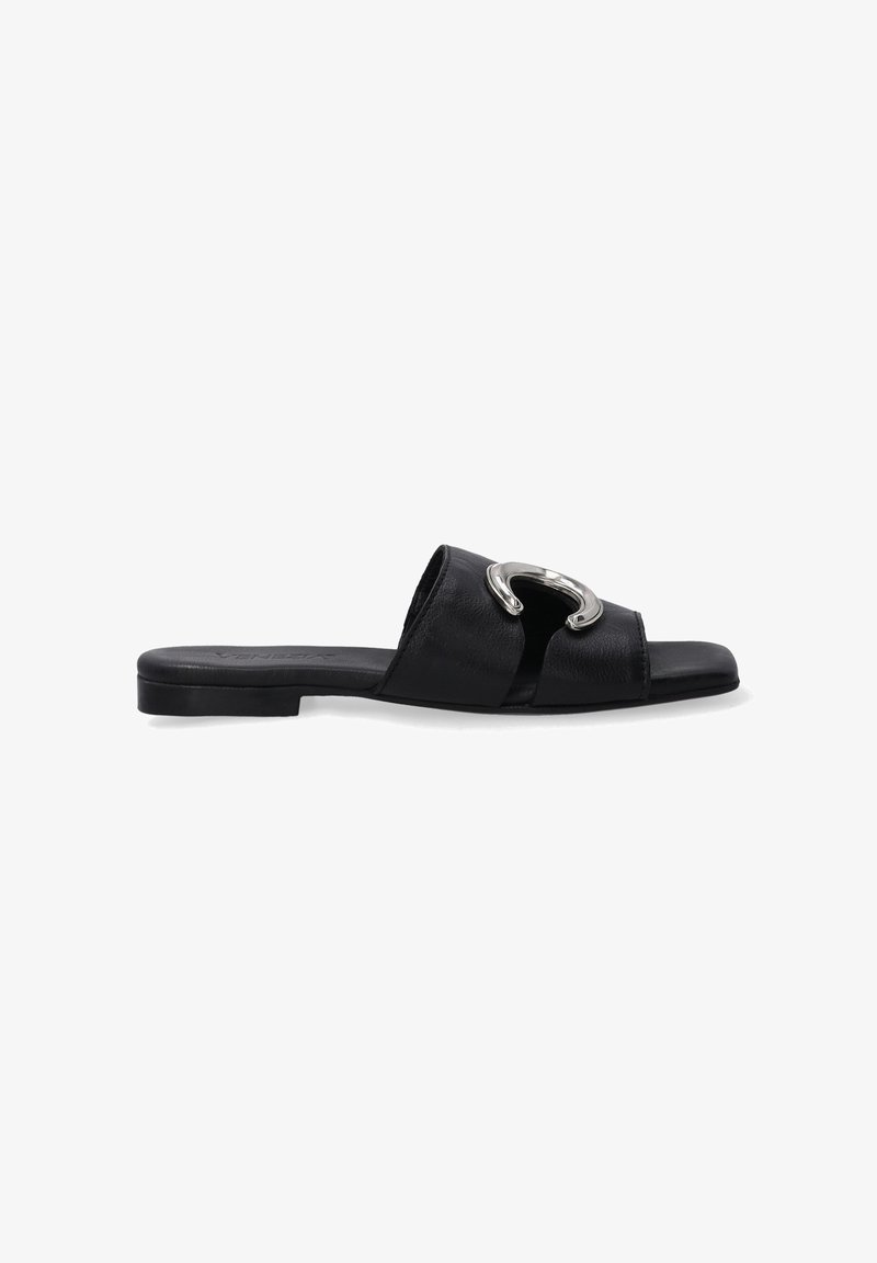 Black leather slide sandal featuring a wide strap and a silver metallic accent on the front. Flat sole, smooth texture, minimalistic design.