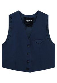 Granatowa kamizelka o dopasowanym kroju, z przodem zapinanym na sześć guzików, małą kieszonką na piersi i gładkim podszewką. Wykonana z miękkiego materiału.