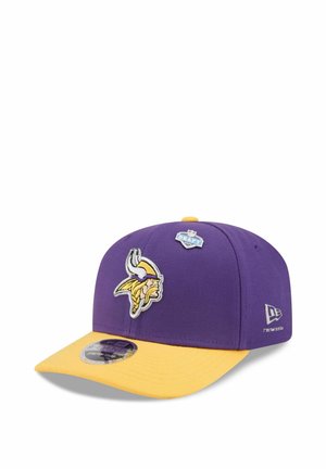 Purple and yellow baseball cap featuring a Viking head logo, NFL Draft badge on front, and New Era logo on the side.