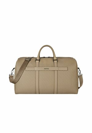 Beige textured duffel bag with two handles, detachable shoulder strap, and front label reading "FESTINA" centered on a plain background.