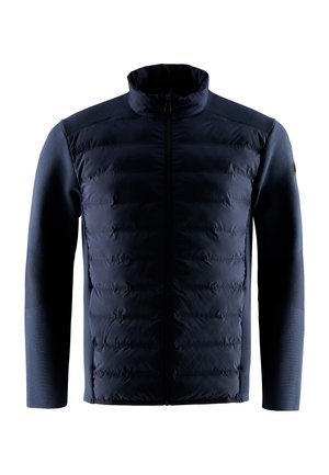 Chaqueta navy con cuerpo acolchado, mangas ajustadas, cuello alto y cremallera frontal. El material incluye una tela lisa y duradera con textura.