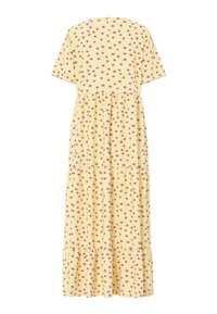 Κίτρινο μεσαίο φόρεμα με κοντά μανίκια και φουσκωτή φούστα, καλυμμένο με μικρά ροζ λουλούδια.