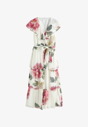 Balta sluoksniuota maksi suknelė su rožiniu gėlių raštu, trumpomis švelniomis rankovėmis, V formos iškirpte ir derančiu audinio diržu, rišamu ties liemeniu.