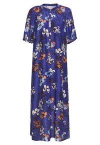 Blauwe midi-jurk met korte pofmouwen, witte knopen aan de voorkant en bloemenprint in witte, oranje en lichtblauwe kleuren.