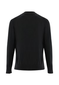 Schwarze Strickjacke mit langen Ärmeln, Rundhalsausschnitt und gerippten Bündchen. Glatte Textur und maßgeschneiderte Passform. Keine sichtbaren Verschlüsse oder Muster.