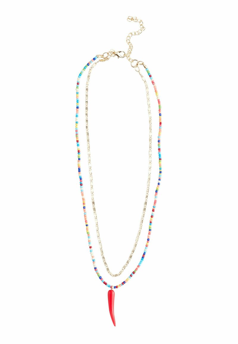Multicolored beaded necklace with gold chain, featuring a prominent red horn pendant. Beads vary in color and size, creating a vibrant pattern.