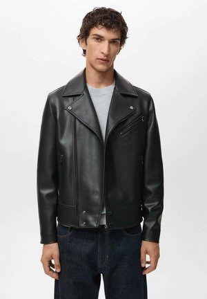 Black leather motorcycle jacket features a wide collar, zippered pockets, and a fitted silhouette. Smooth texture with minimal detailing.