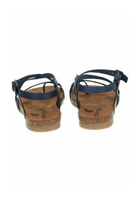 Navy blue leather sandals with cork insoles, adjustable straps, and a flat rubber sole; open-back design with minimalist accents.
