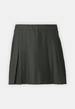 Saia pregueada cinza escuro, feita de tecido tecido. Apresenta uma cintura plana e uma textura sutil, com pregas acentuadas que se estendem a partir da cintura.