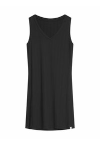 Czarny bezrękawnik z dekoltem w kształcie litery V, wykonany z teksturowanej dzianiny prążkowanej. Krój jest luźny, z prostą linią dołu.