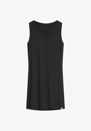 Czarny bezrękawnik z dekoltem w kształcie litery V, wykonany z teksturowanej dzianiny prążkowanej. Krój jest luźny, z prostą linią dołu.