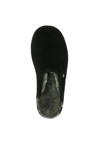 Zwarte instapslipper van zacht luxe suede met een dikke grijze nepbontvoering. Heeft een ronde neus en een gestructureerde zool voor grip.