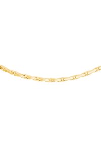 Gouden ketting met in elkaar verknopte ovale schakels, gepolijste afwerking, flexibele vormgeving, gladde textuur en minimale hardware-details.
