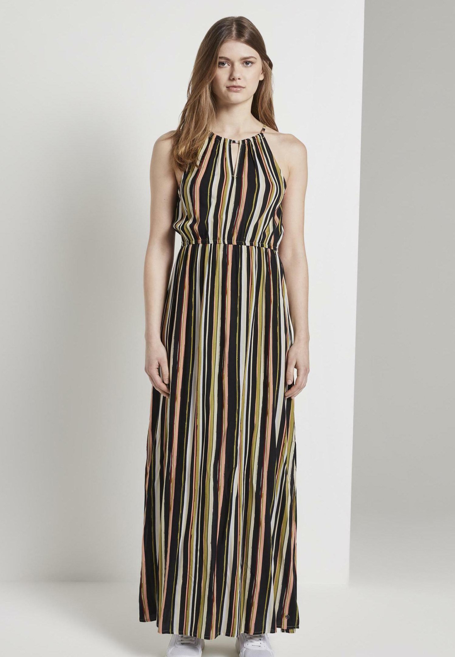 Tom Tailor Denim Kleider Jumpsuits Gestreiftes Neckholder Kleid In Maxi Lange Maxi Dress Black Multicolor Stripe Multi Coloured Zalando De