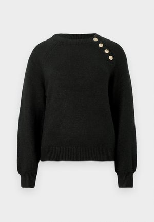 Sort strikket sweater med lange ærmer, ribbet kant og rund halsudskæring. Har fire dekorative knapper på venstre skulder.