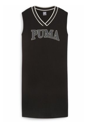 Vestido negro sin mangas con cuello en V de doble raya blanca y gran texto gris "PUMA" en el pecho.