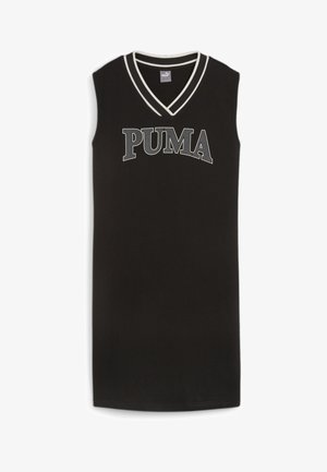 Sort ærmeløs kjole med hvid dobbeltstribet V-udskæring og stor grå "PUMA" tekst over brystet.