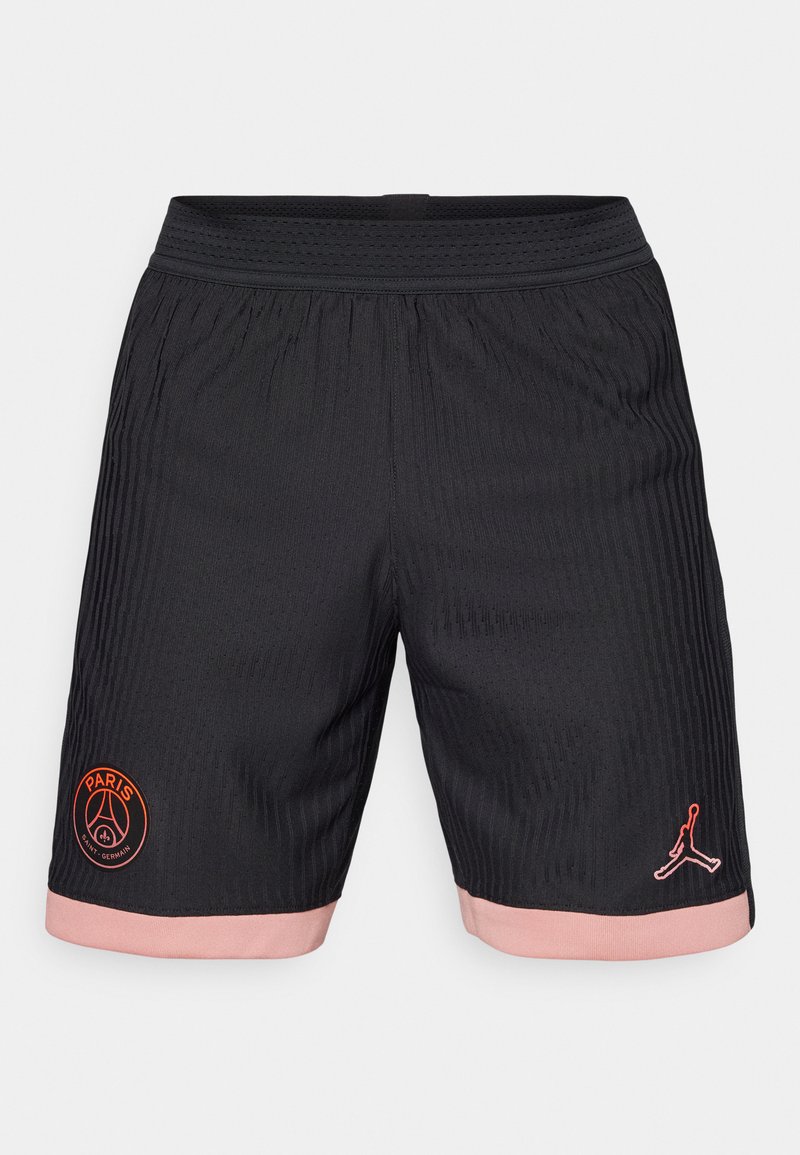 Schwarze Sportshorts mit vertikal gerippter Textur, pinken Akzenten am Saum, mit einem Paris-Logo und einem Jumpman-Logo an der Seite.