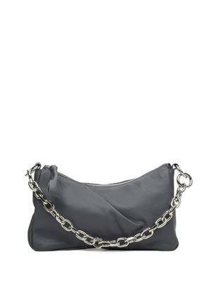 Gray leather handbag with a soft, crinkled texture. Features a chunky metallic chain strap and a zipper closure.